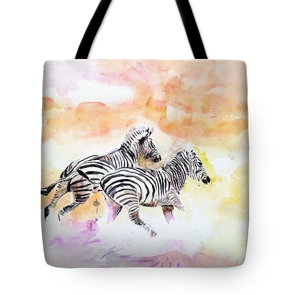 Zebra Tote Bag featuring the painting Crossing the river. by Khalid Saeed