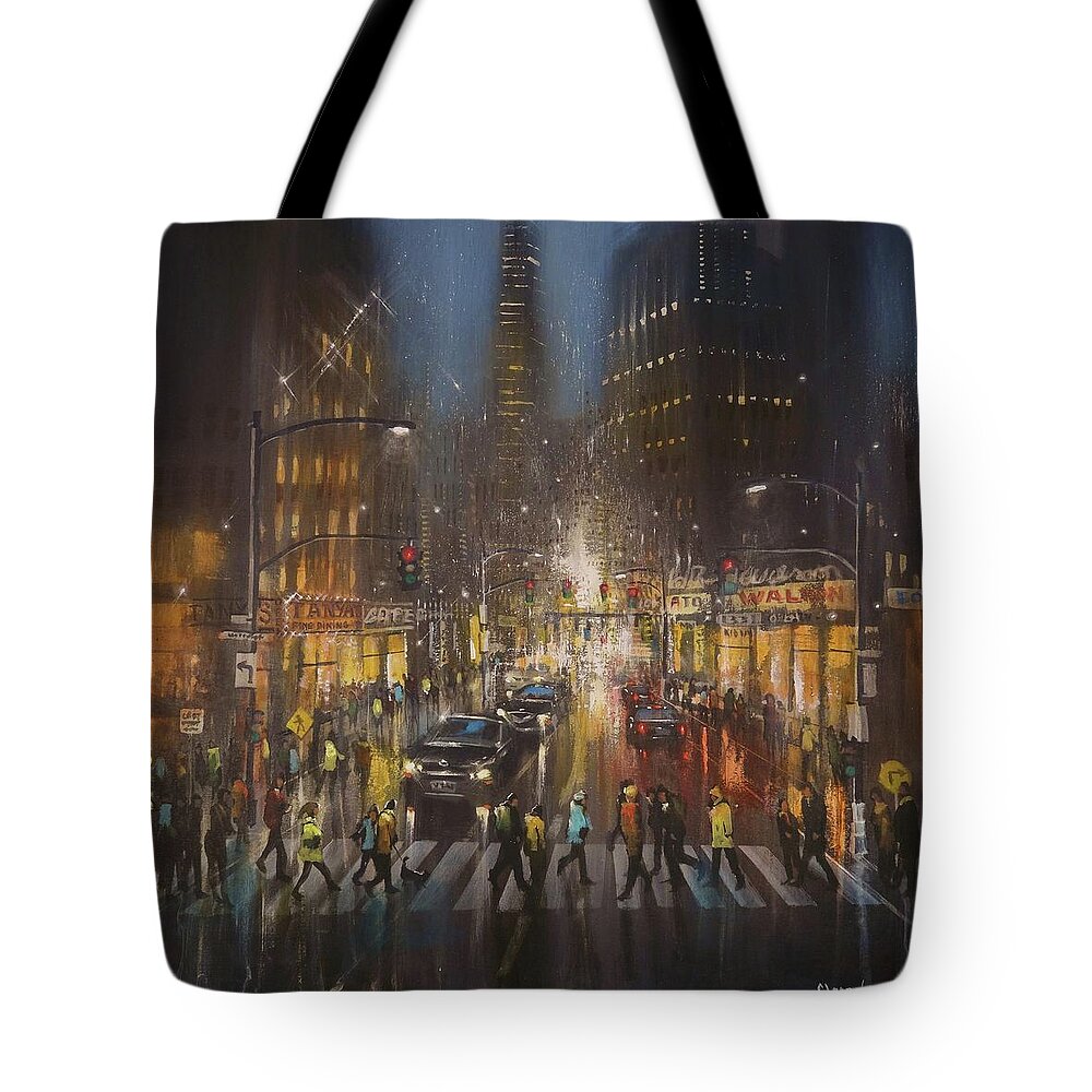 City Rain Tote Bag featuring the painting Crosswalk by Tom Shropshire