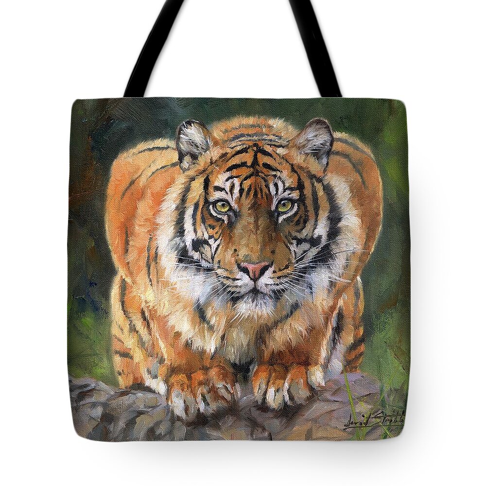 Tiger Tote Bag featuring the painting Crouching Tiger by David Stribbling