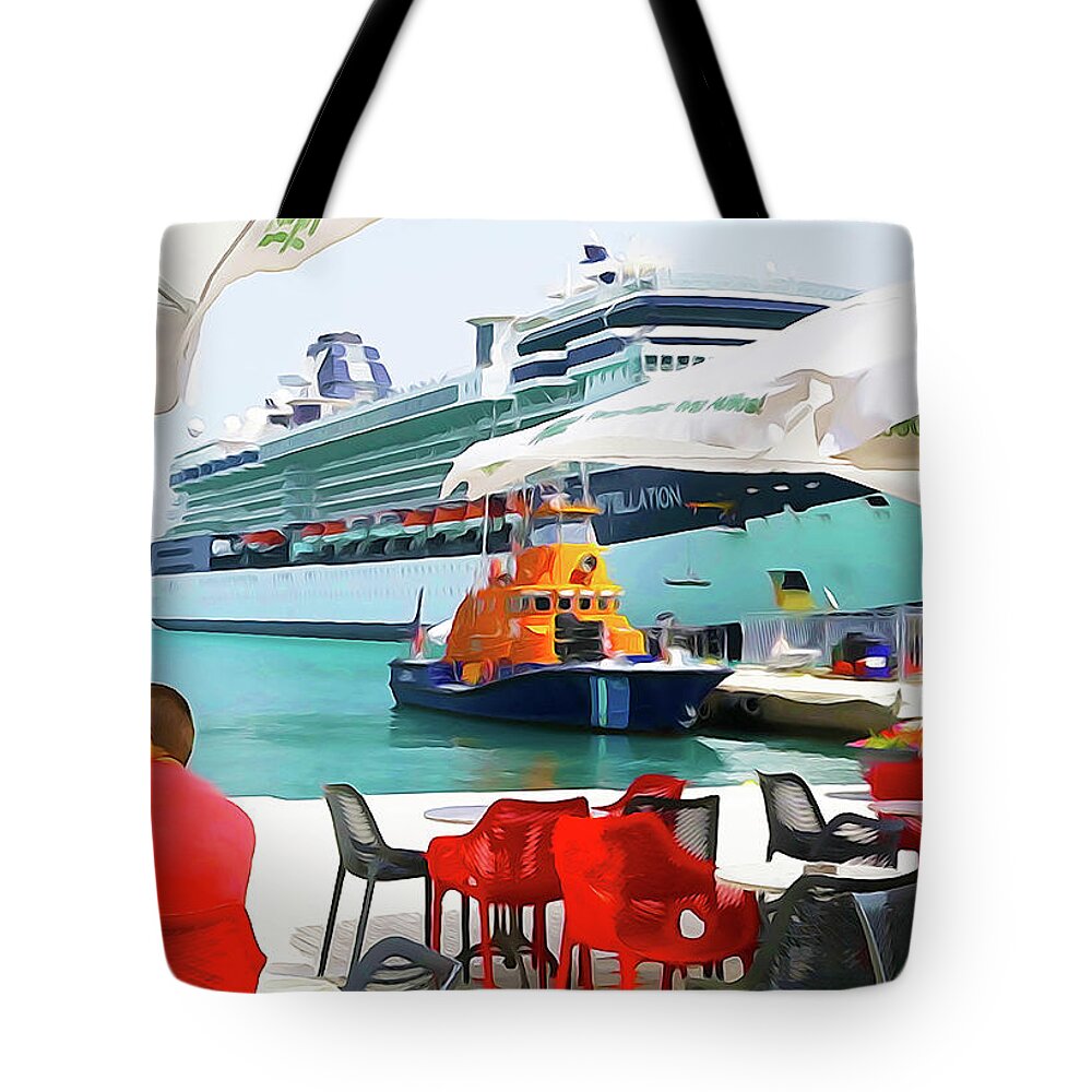 Cruise Ship Tote Bag featuring the digital art Cruise Ship in Port by Dennis Cox