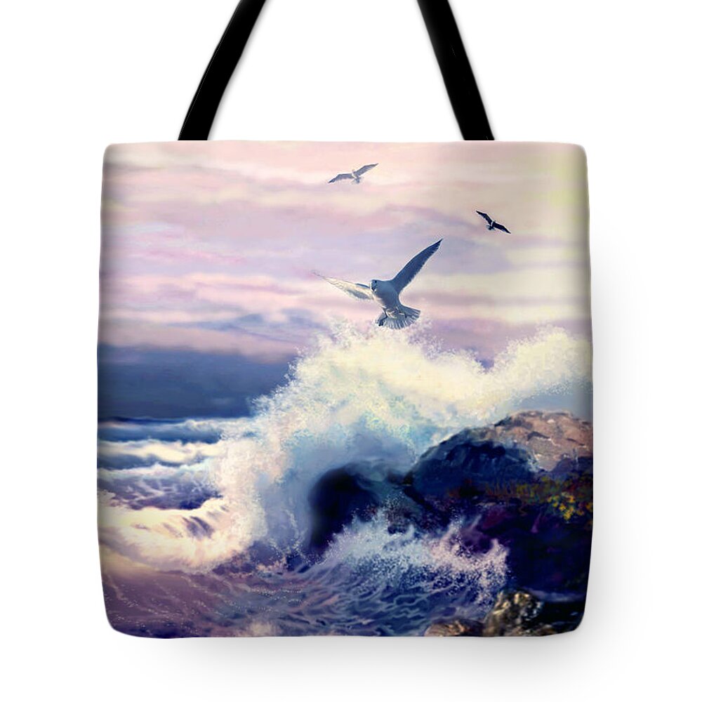 Crushing Waves And Rock Formation Tote Bag featuring the painting Crushing Waves and Rockformation by Regina Femrite