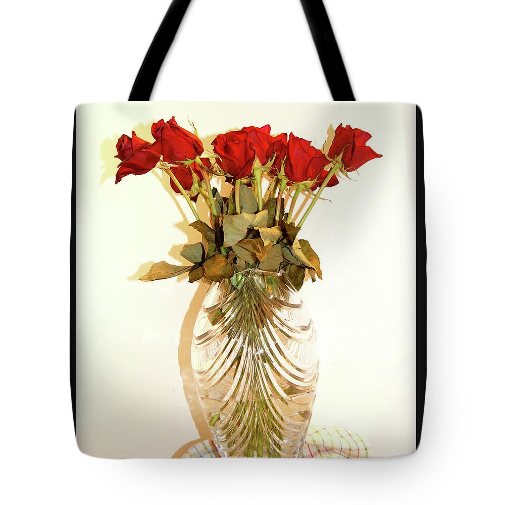Crystal Vase Tote Bag featuring the photograph Crystal and Red Roses by Margie Avellino