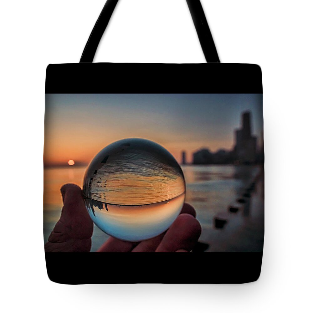 Crystal Ball Tote Bag featuring the photograph Crystal ball on Chicago's lakefront at sunrise by Sven Brogren