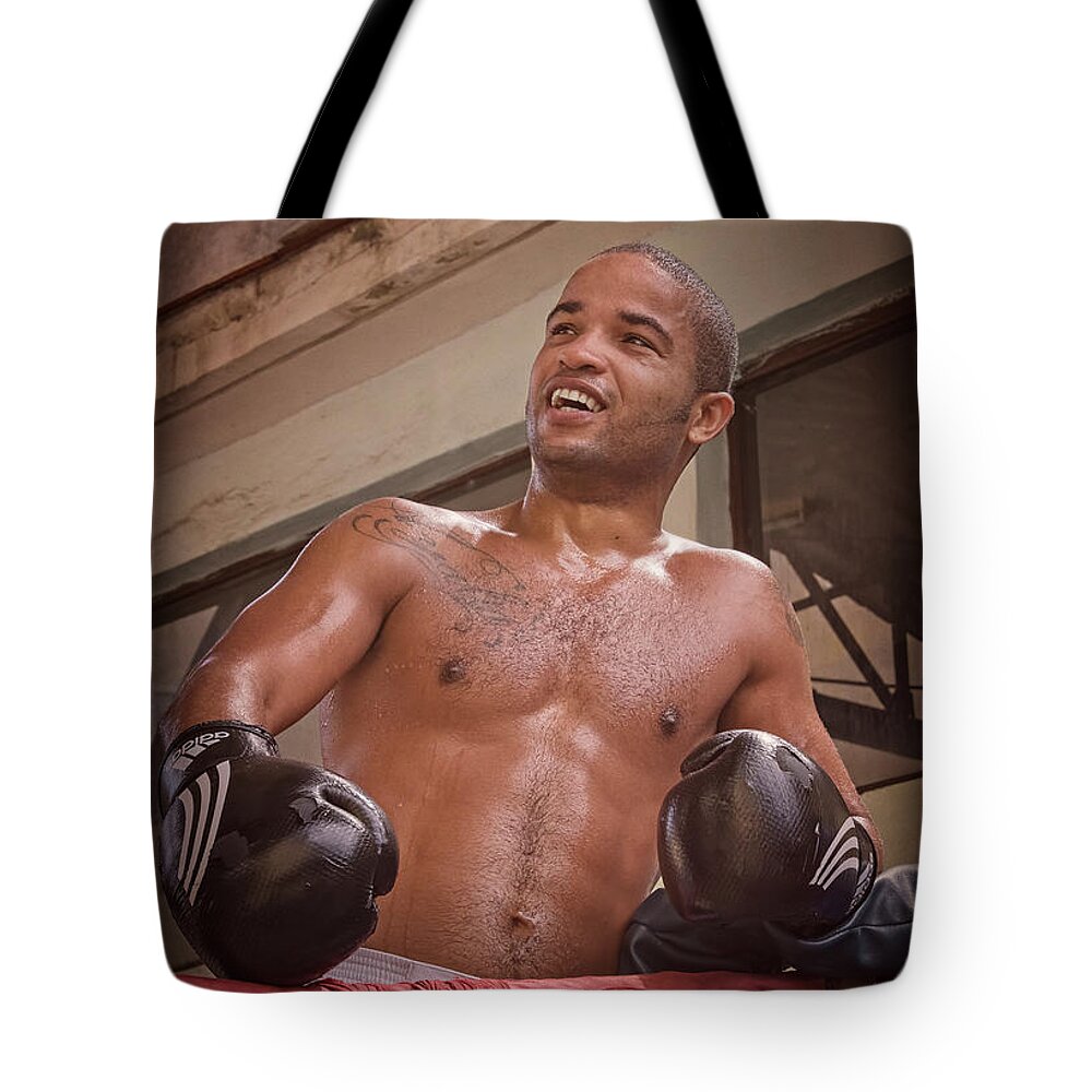 Joan Carroll Tote Bag featuring the photograph Cuban Boxer Ready for Sparring by Joan Carroll