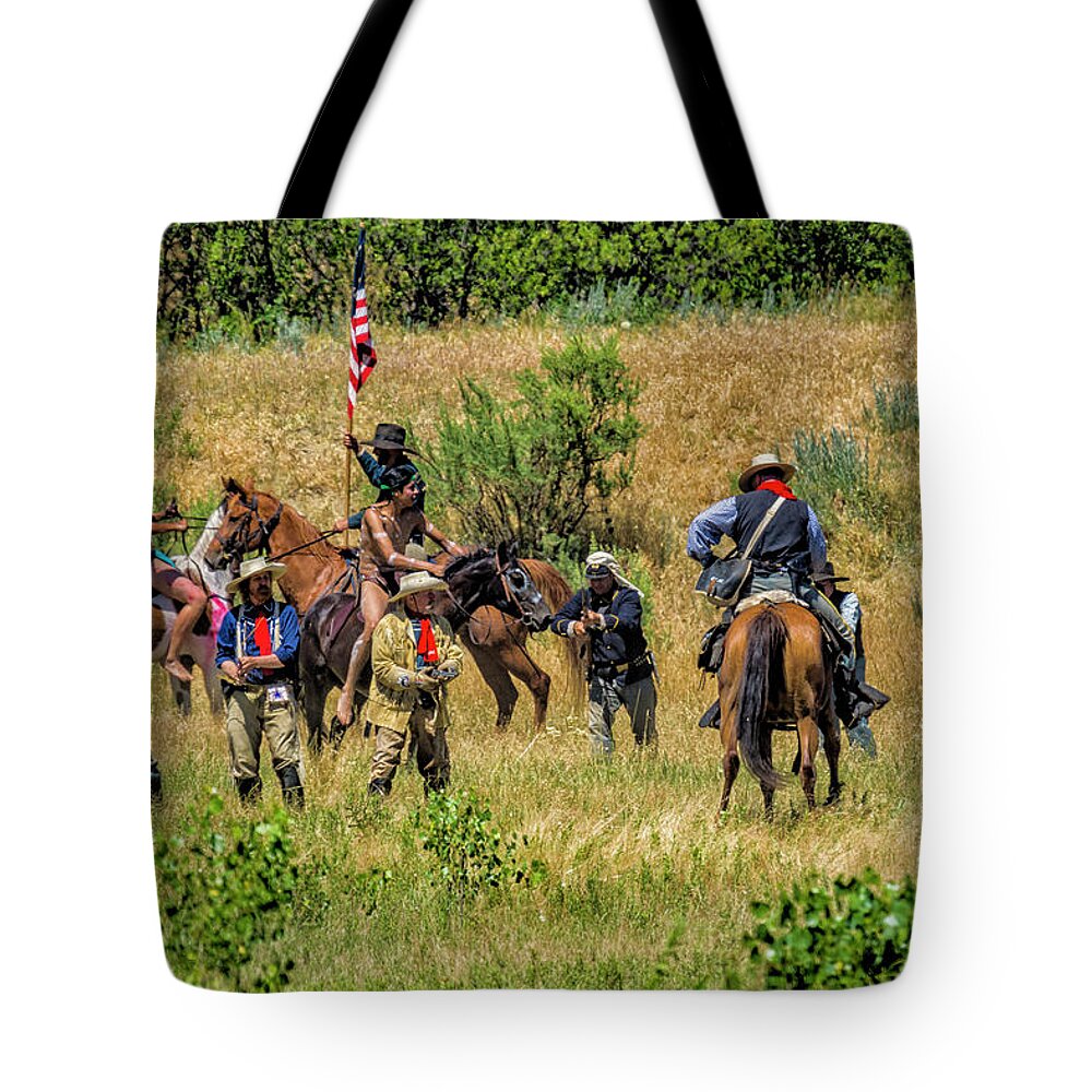 Little Bighorn Re-enactment Tote Bag featuring the photograph Custer And His Troops Fighting The Indians 1 by Donald Pash