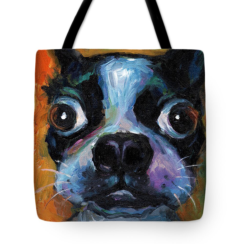 Cute Boston Terrier Tote Bag featuring the painting Cute Boston Terrier puppy art by Svetlana Novikova