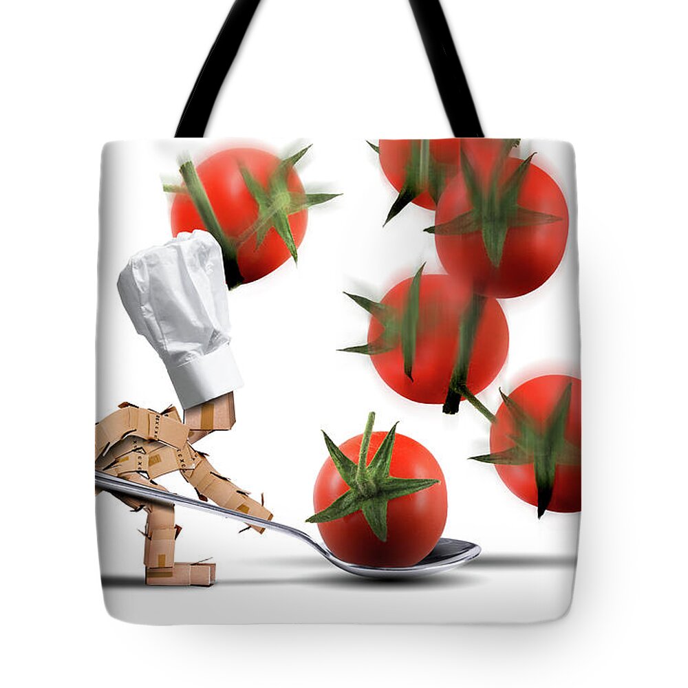 Kitchen Tote Bag featuring the digital art Cute chef box character catching tomatoes by Simon Bratt