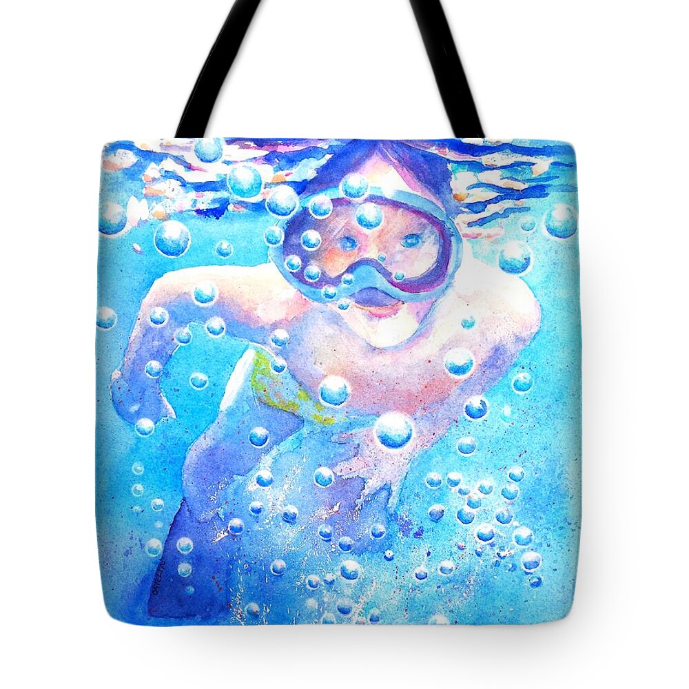 Swimming Tote Bag featuring the painting Cute Child Snorkeling Underwater by Carlin Blahnik CarlinArtWatercolor
