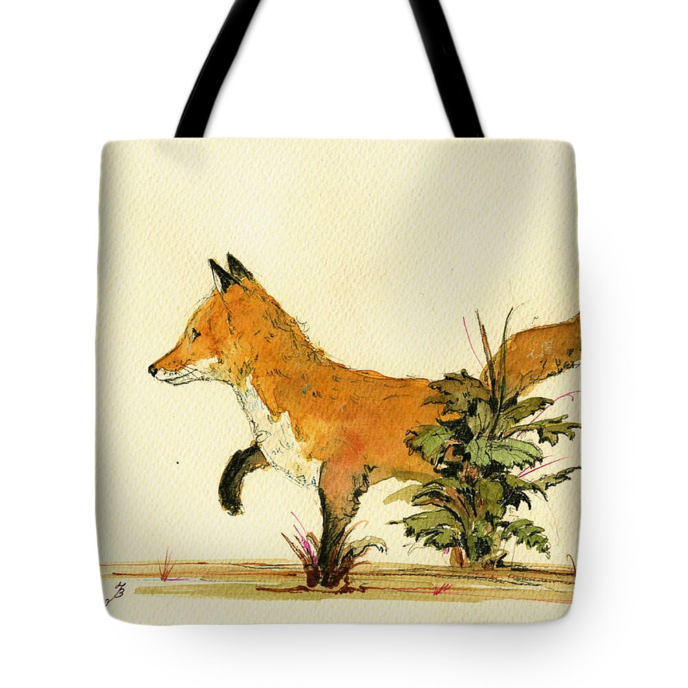 Fox Art Wall Tote Bag featuring the painting Cute fox in the forest by Juan Bosco
