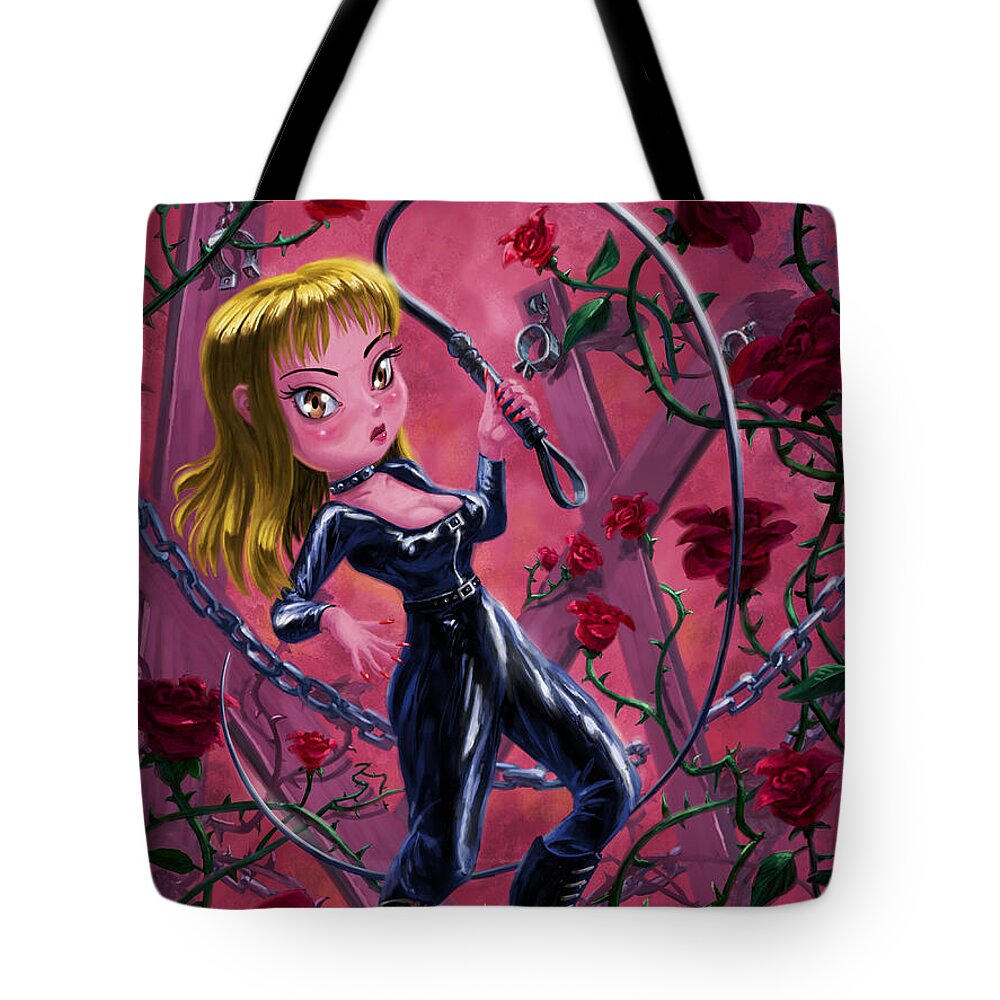 Woman Tote Bag featuring the digital art Cute Mistress with Whip and Roses by Martin Davey