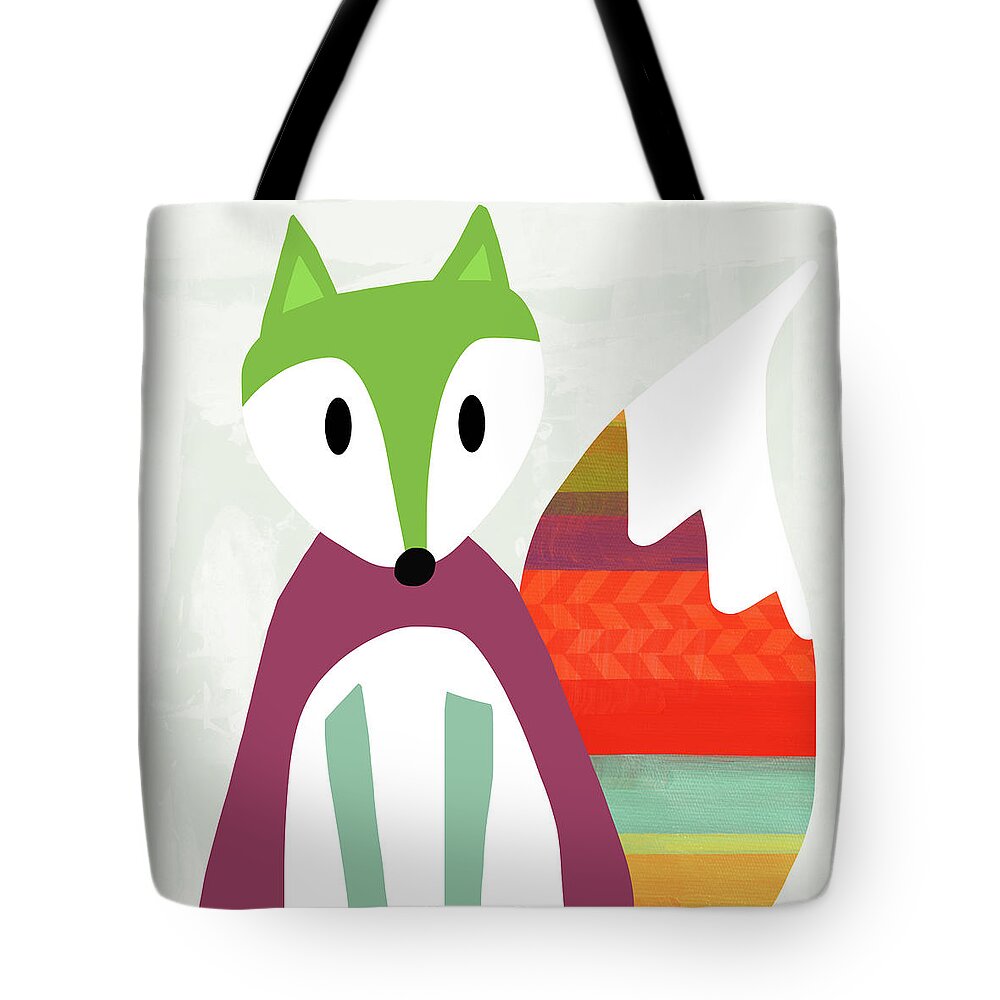 Fox Tote Bag featuring the mixed media Cute Purple And Green Fox- Art by Linda Woods by Linda Woods