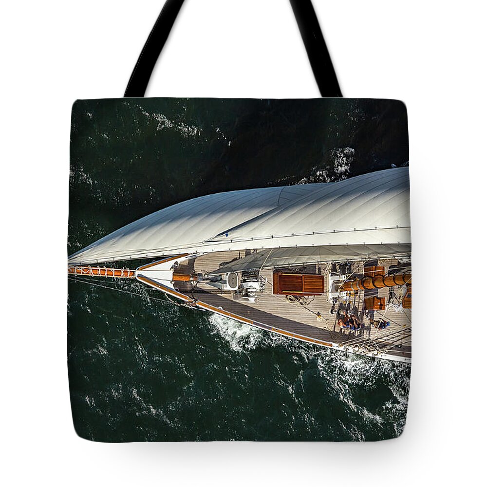Boating Tote Bag featuring the photograph Arial Photography of classic sailing yacht by JBK Photo Art