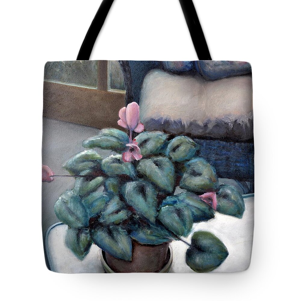 Cyclamen Tote Bag featuring the painting Cyclamen and Wicker by Michelle Calkins