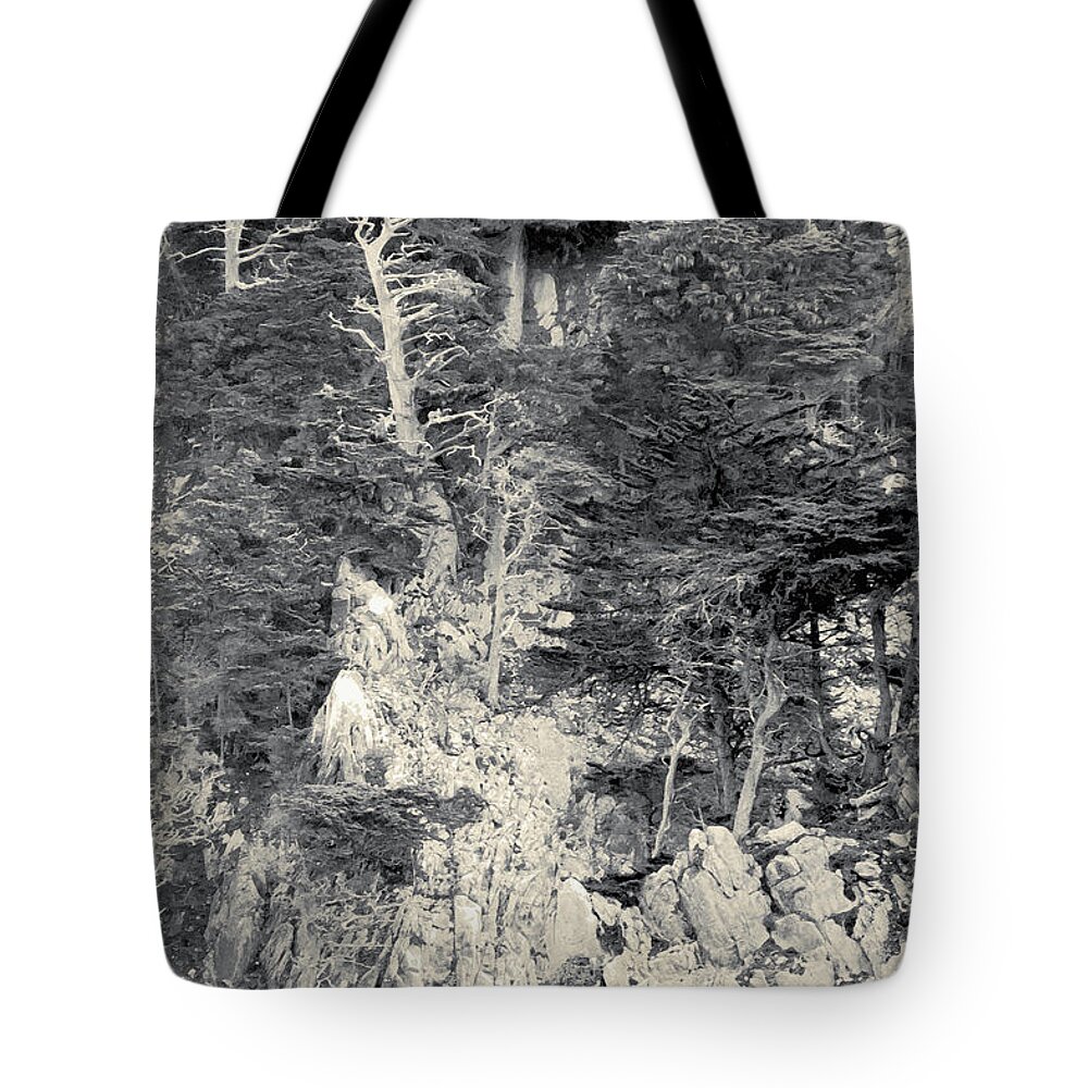 Cypress Tote Bag featuring the digital art Cypress Strewn Cliff, Carmel Bay, Point Lobos, State Park Carmel, California by Kathy Anselmo