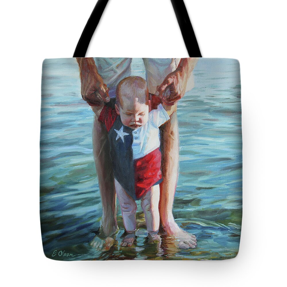 Baby. Boy Tote Bag featuring the painting Daddy's Hands by Emily Olson