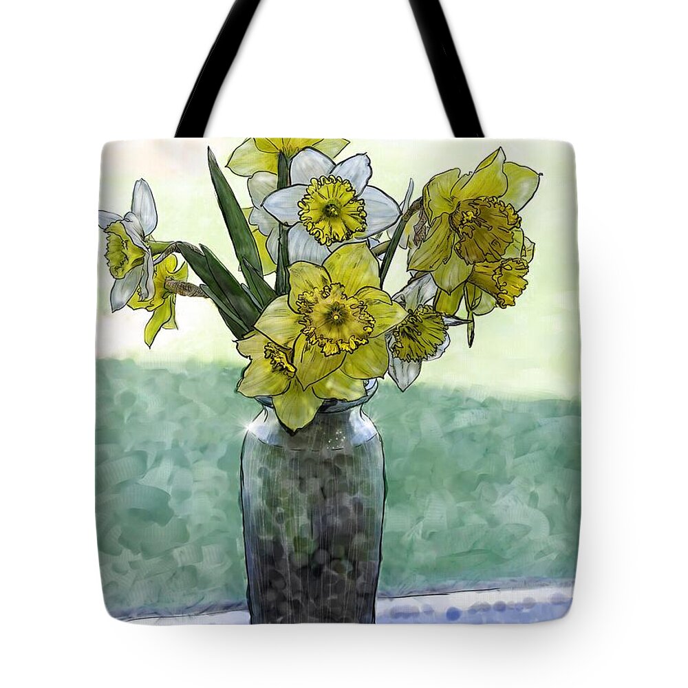 Beautiful Tote Bag featuring the digital art Daffodils in a vase by Debra Baldwin