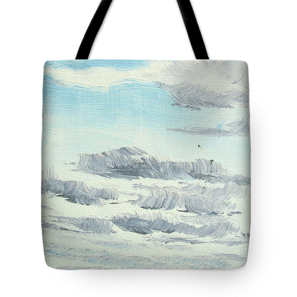 Landscape Tote Bag featuring the painting dagrar over salenfjallen- Shifting daylight over mountain ridges, 8 of 12_0025_40x75 cm by Marica Ohlsson
