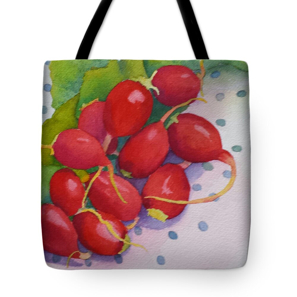 Red Radishes Tote Bag featuring the painting Dahling, You Look Radishing by Judy Mercer