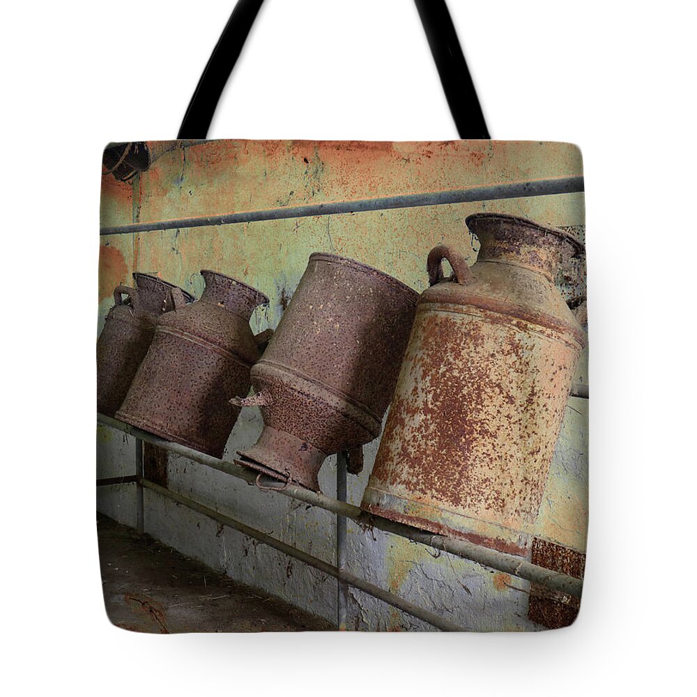 Antique Milk Cans Tote Bag featuring the photograph Dairy Farm Relics by Scott Kingery