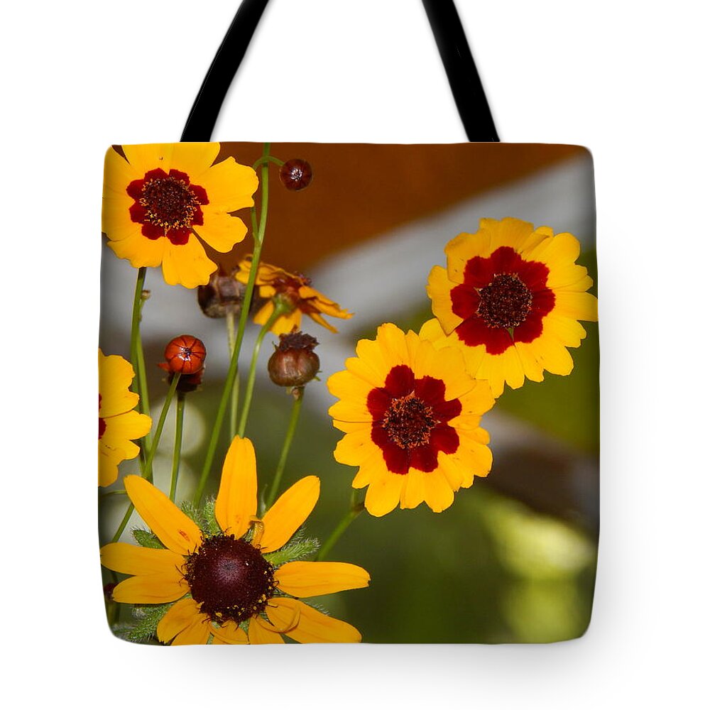 Flower Flora Still-life Gardening Arrangements Yellow Brownish- Red Stain Glass Window Background Daisy Buds Bloom Green Leaves Orange And Green Stained Glass Nature Floral Photography By Jan Gelders Floral Decor Interior Design Accent Tote Bag featuring the photograph Daisy Delights by Jan Gelders