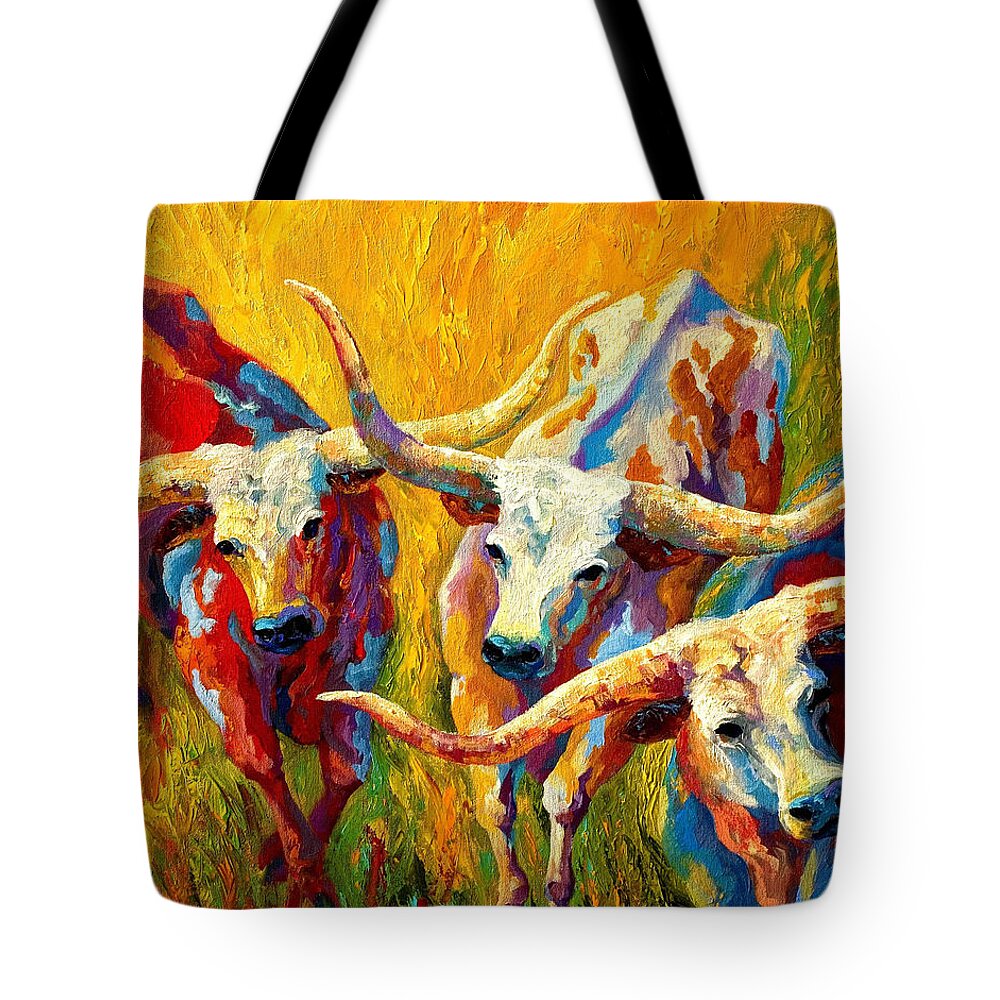 Western Tote Bag featuring the painting Dance Of The Longhorns by Marion Rose