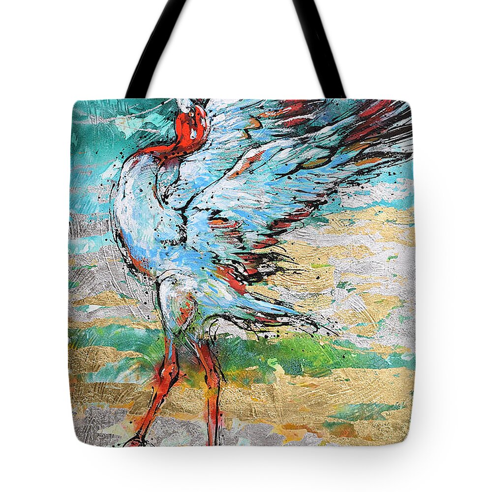 Sarus Cranes In Mating Dance. Birds Tote Bag featuring the painting Dancing Crane 2 by Jyotika Shroff