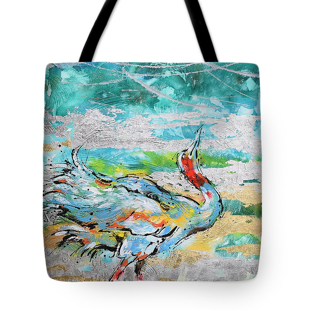 Sarus Cranes In Mating Dance. Birds Tote Bag featuring the painting Dancing Crane 1 by Jyotika Shroff