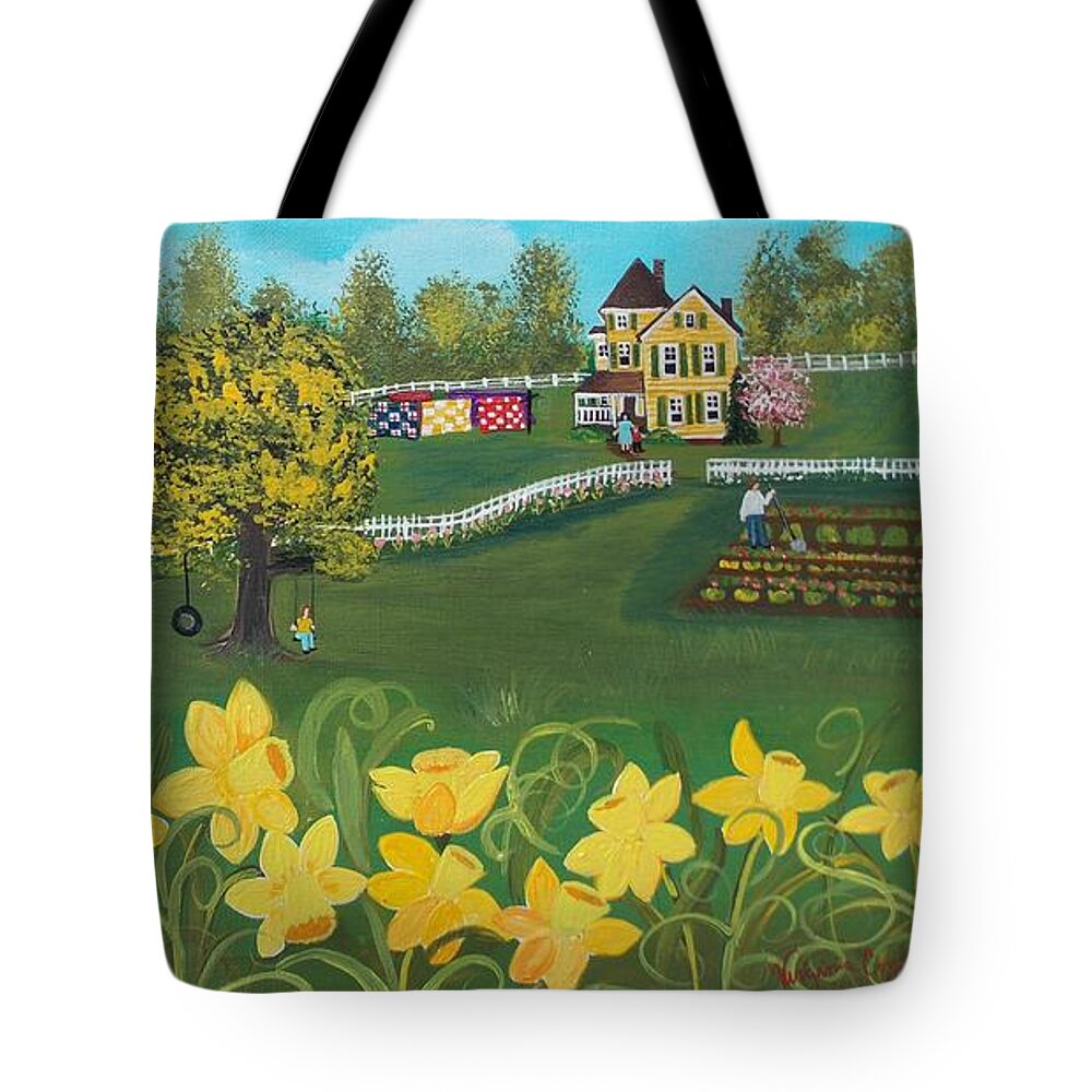 Folk Art Tote Bag featuring the painting Dancing Daffodils by Virginia Coyle
