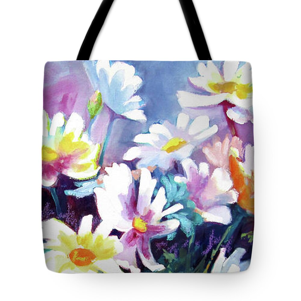 Watercolor Tote Bag featuring the painting Dancing Daisies by Kathy Braud