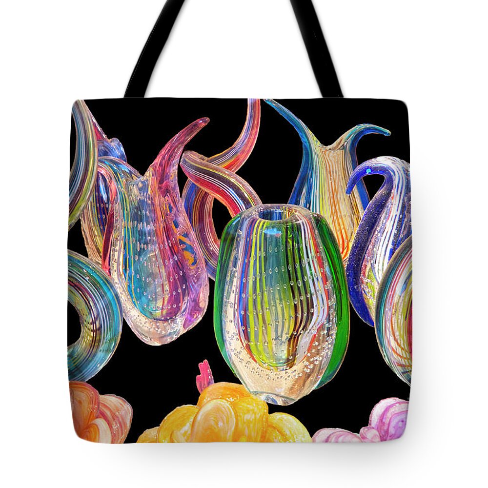 Glass Tote Bag featuring the photograph Dancing glass objects by Heiko Koehrer-Wagner