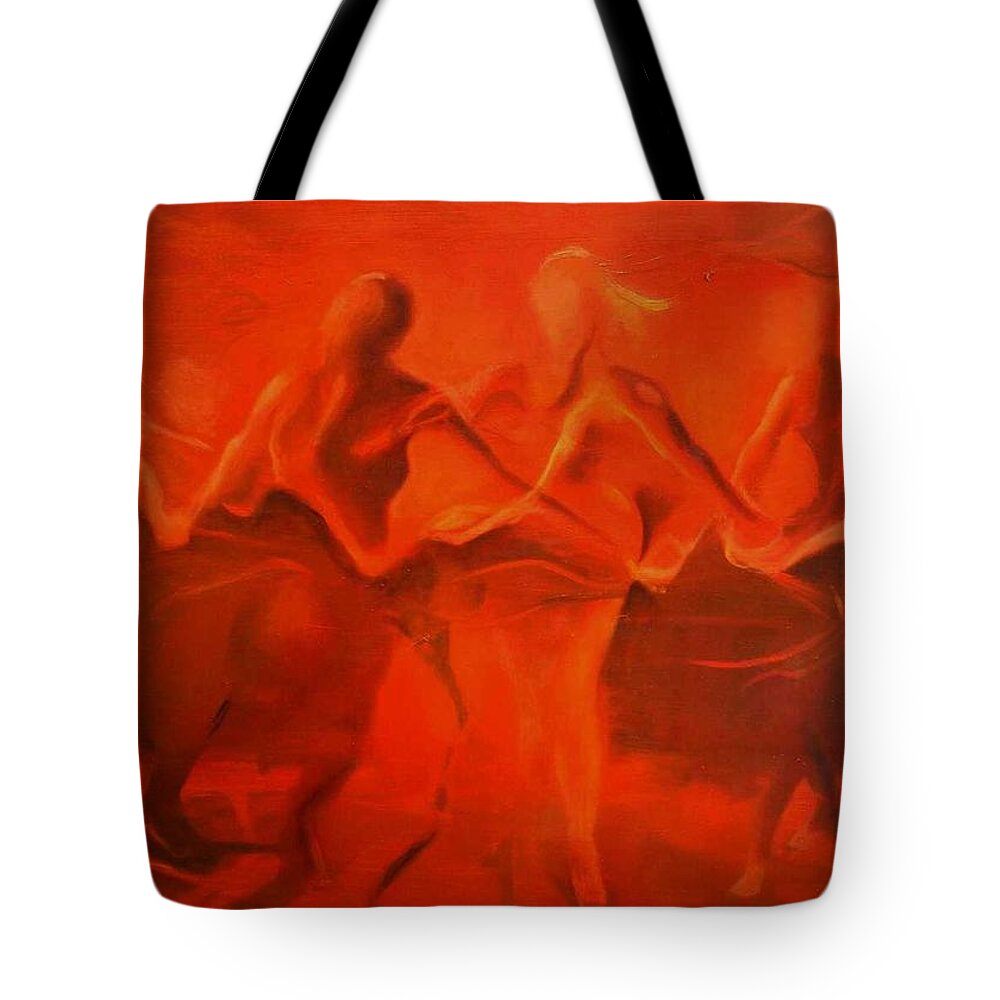 Warm Light Dance Dancing Ring Circle Irish Dans Low Gloaming Gloamin Tote Bag featuring the painting Dancing in the Gloaming by Georg Douglas