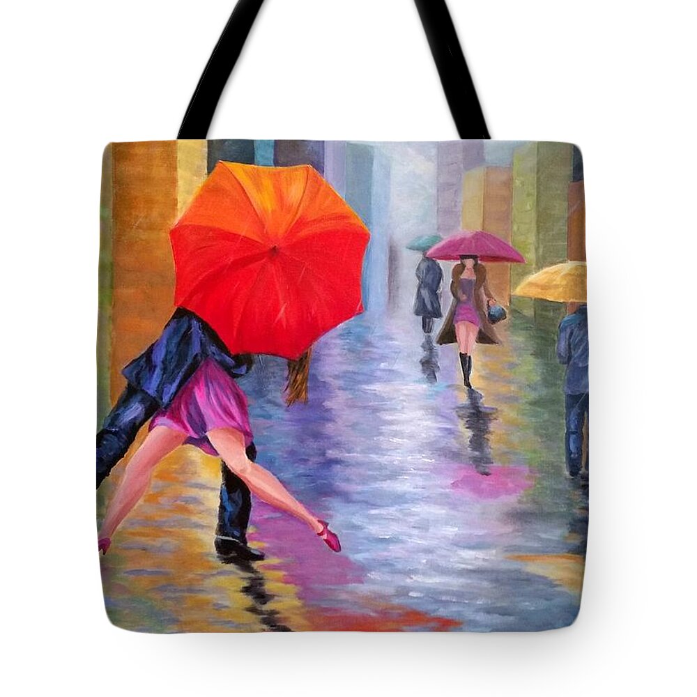 Umbrellas Tote Bag featuring the painting Dancing in the Rain by Rosie Sherman