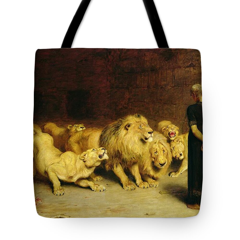 Daniel In The Lions Den Tote Bag featuring the painting Daniel in the Lions Den by Briton Riviere