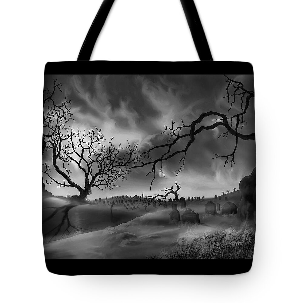 Copyright 2015 By James Hill Gallery Tote Bag featuring the painting Dark Cemetary by James Hill
