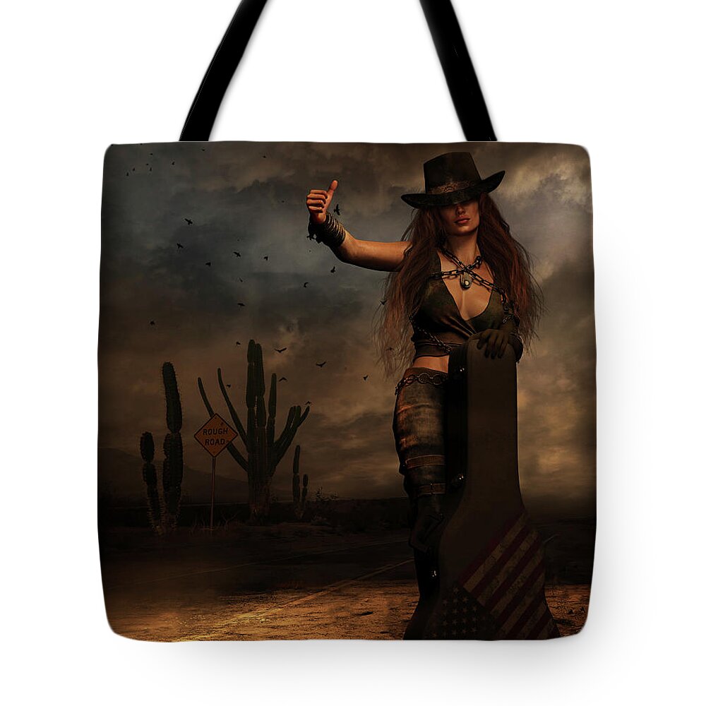 Hitch Hiker Tote Bag featuring the digital art Dark Desert Highway by Shanina Conway
