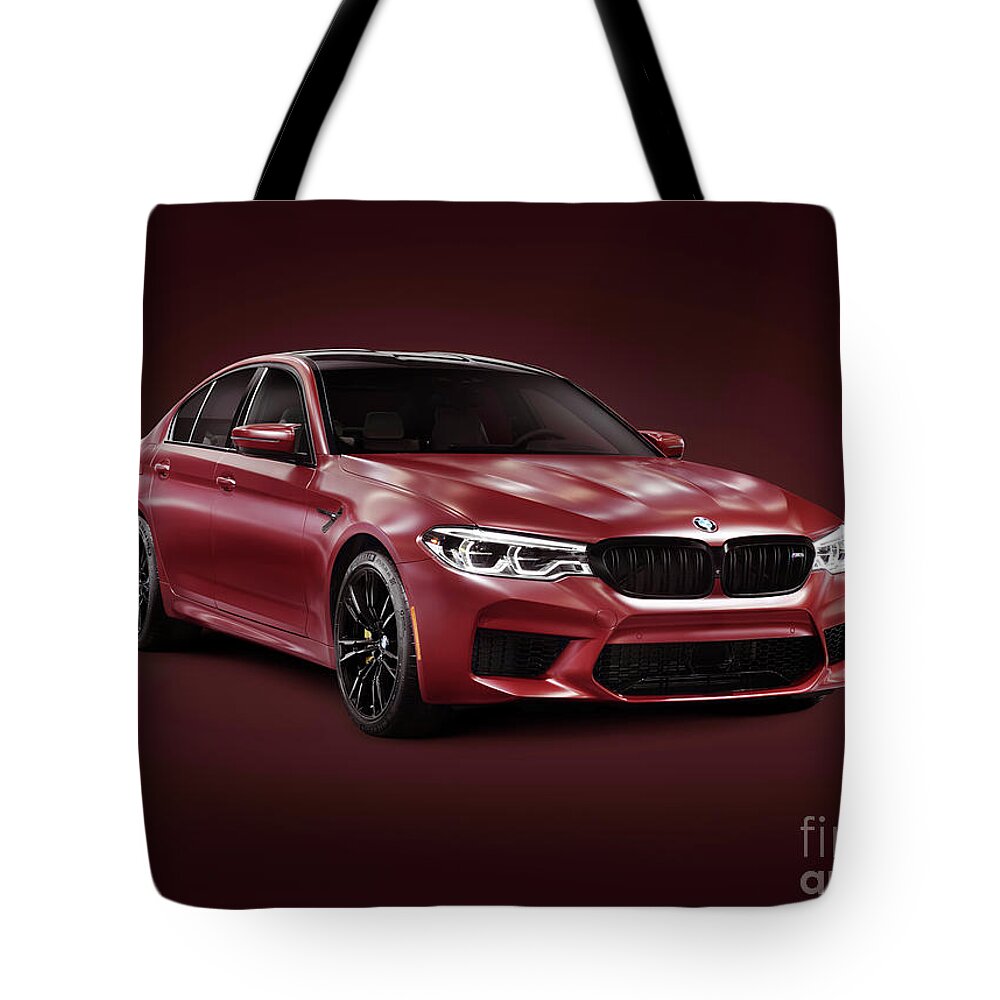 Bmw Tote Bag featuring the photograph Dark red 2018 BMW M5 performance car sport sedan on burgundy bac by Maxim Images Exquisite Prints