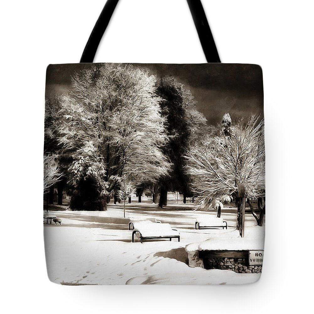 Winter Tote Bag featuring the digital art Dark Skies and Winter Park by JGracey Stinson