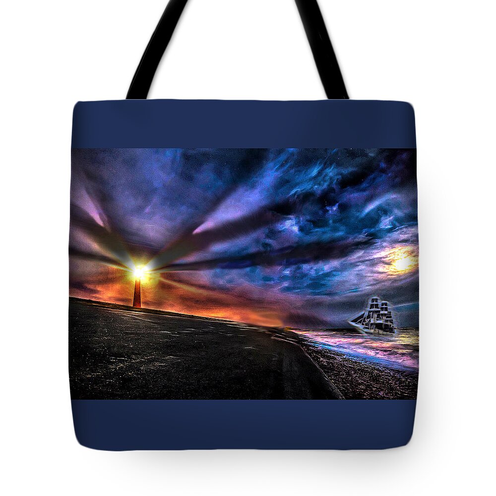 Lighthouse Tote Bag featuring the digital art Darkhouse by Lisa Yount