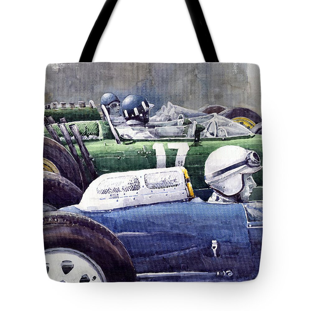Watercolour Tote Bag featuring the painting Datch GP 1962 Lola BRM Lotus by Yuriy Shevchuk