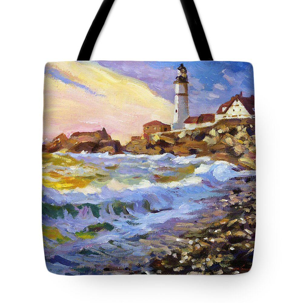 Impressionism Tote Bag featuring the painting Dawn Breaks Cape Elizabeth plein air by David Lloyd Glover