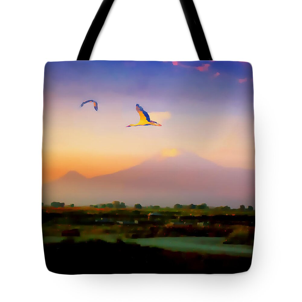 Mt. Ararat Tote Bag featuring the photograph Dawn with Storks and Ararat from Night Train to Yerevan II by Anastasia Savage Ealy
