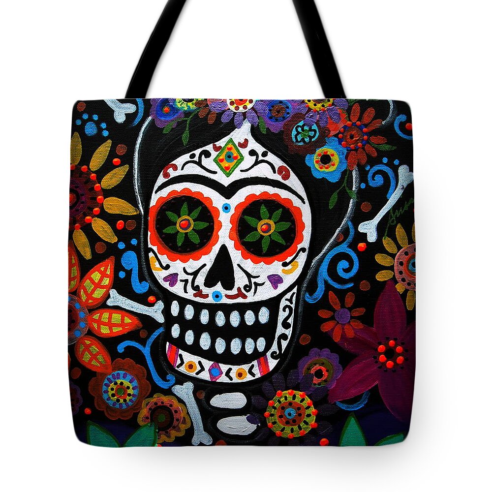 Day Of The Dead Frida Kahlo Painting Prisarts Pristine Cartera Turkus Flowers Florals Blooms Folk Art Artists Mexican Mexico Dia De Los Muertos Tote Bag featuring the painting Day Of The Dead Frida Kahlo Painting by Pristine Cartera Turkus