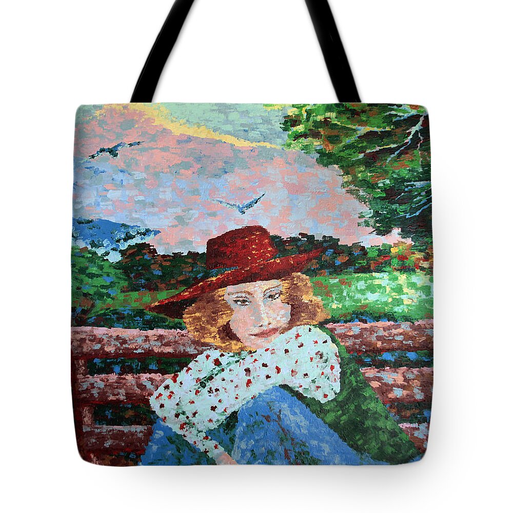 Woman Tote Bag featuring the painting Daydreamer in the Square by Bonnie Follett