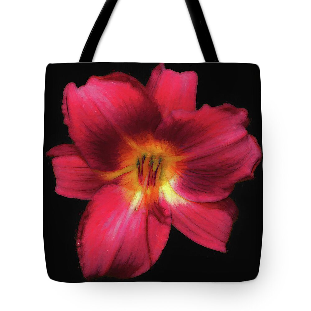 Daylily Tote Bag featuring the photograph Day Lily Dark Red Painterly by Denise Beverly