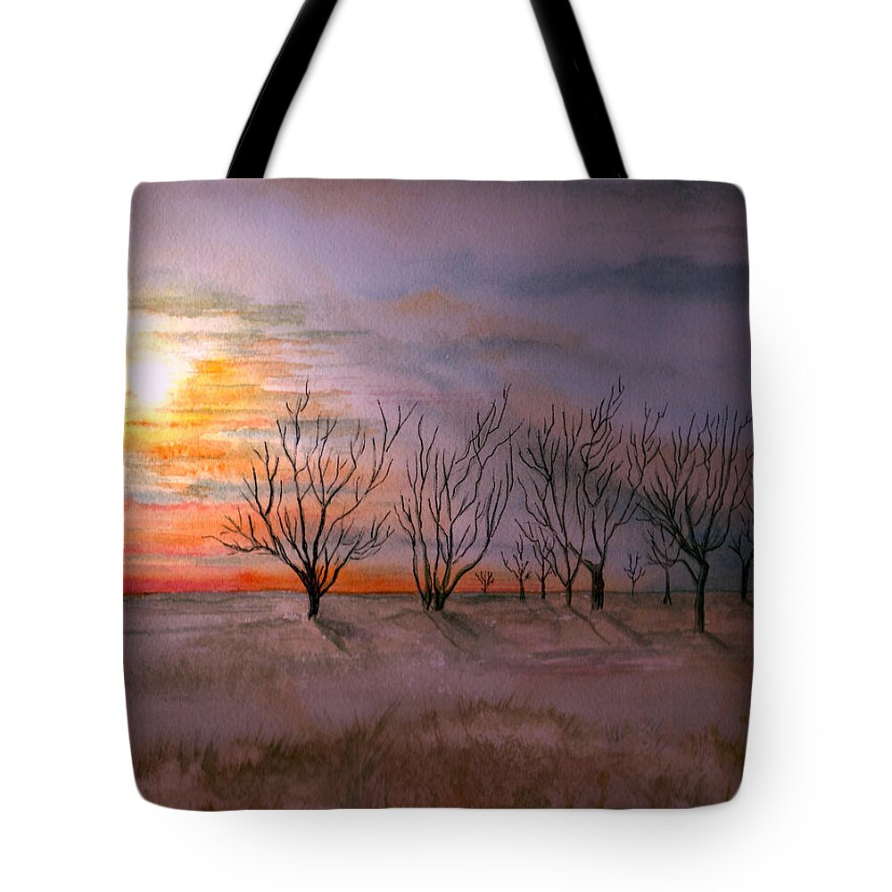 Watercolor Landscape Sundown Sunset Sky Trees Scenic Scenery Nature Clouds Tote Bag featuring the painting Day's End by Brenda Owen
