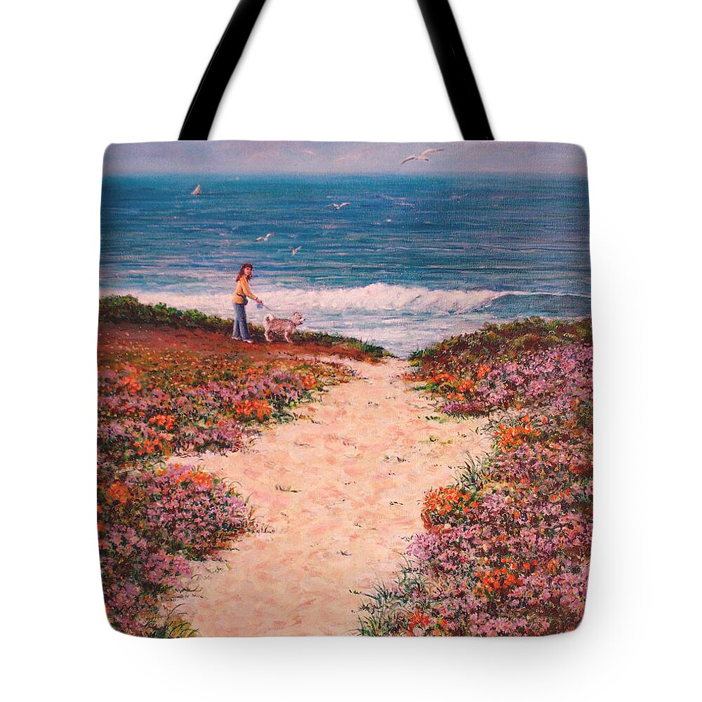 Landscape Tote Bag featuring the painting Deanna and Bugsy at Half Moon Bay by Dee Davis
