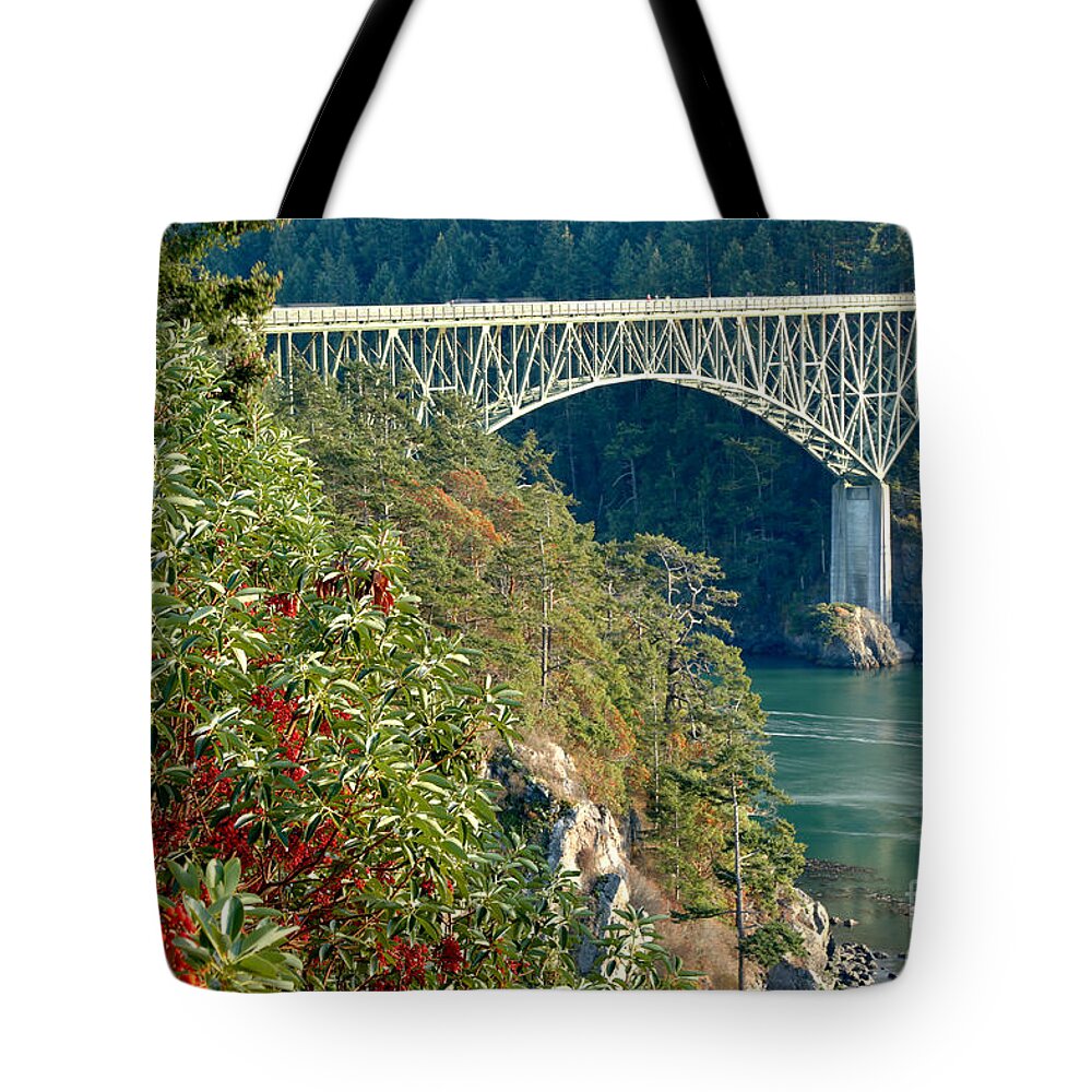 Deception Pass Tote Bag featuring the photograph Deception Pass Bridge by Adam Jewell