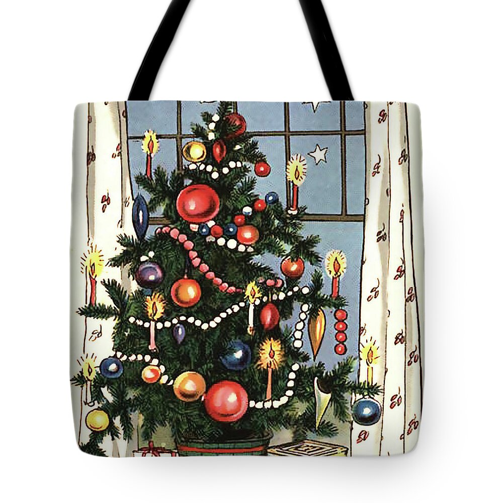 Decorated Tote Bag featuring the digital art Decorated Christmas tree with gifts by Long Shot