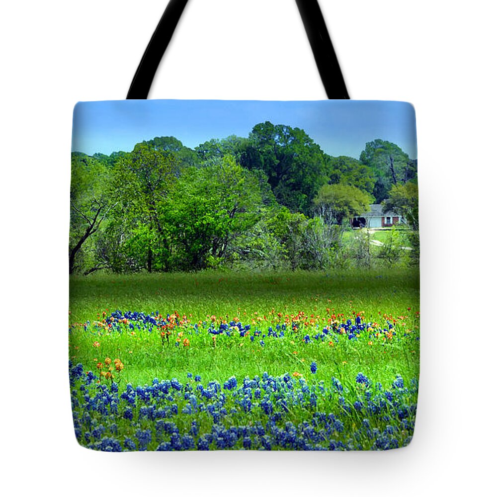Mixedmedia Tote Bag featuring the mixed media Decorative Texas Homestead Bluebonnets Meadow Mixed Media Photo H32517 by Mas Art Studio