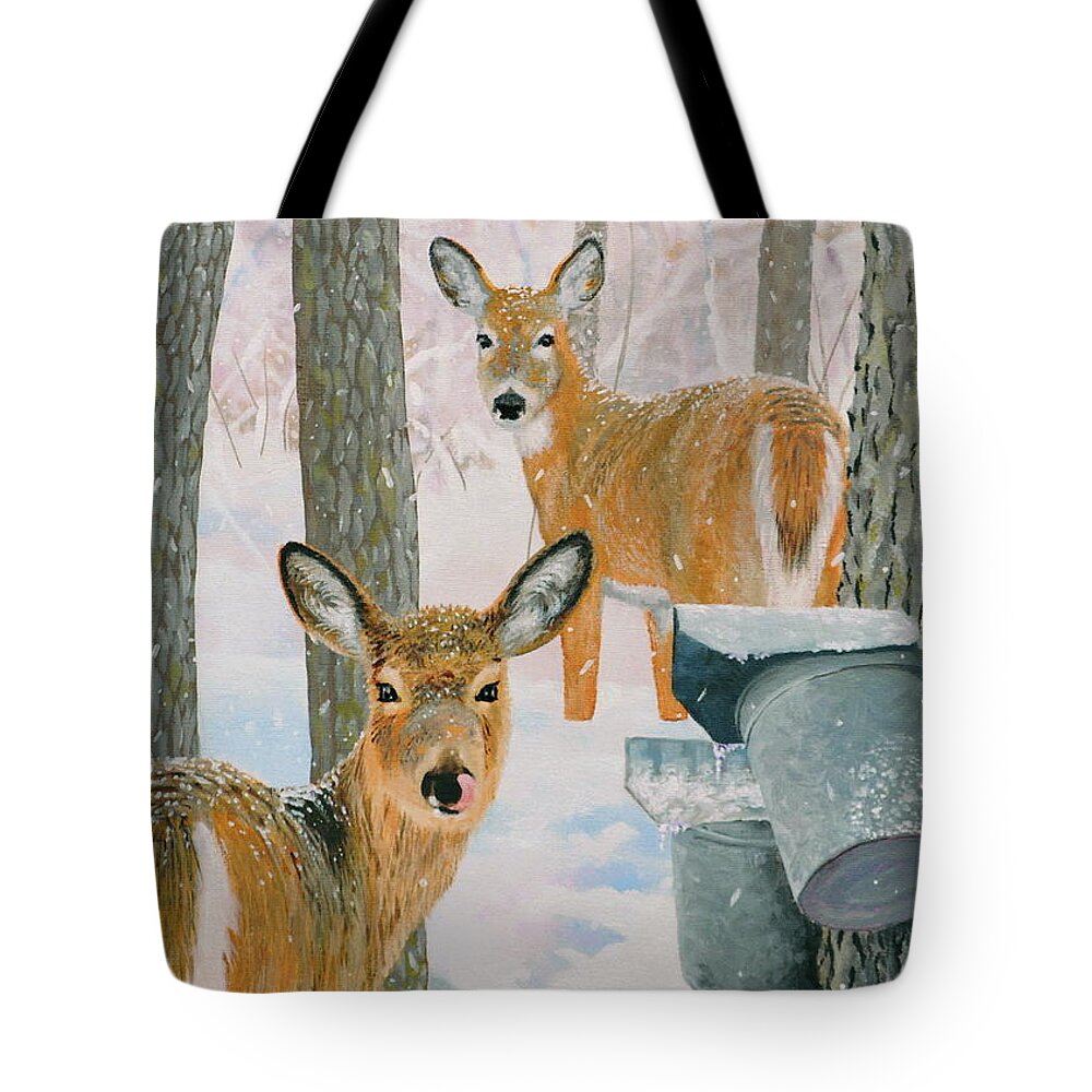 Animal Tote Bag featuring the painting Deer and Sap Buckets by Harry Moulton